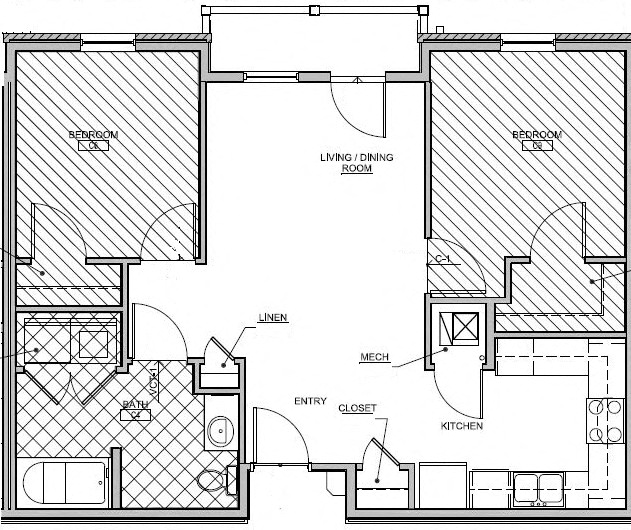 Floor plan for 2 beds, 1 bath